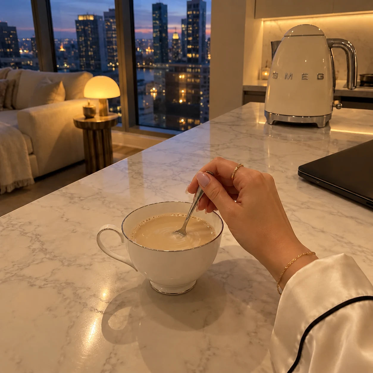 A hand stirring an evening drink in a porcelain cup in a city apartment