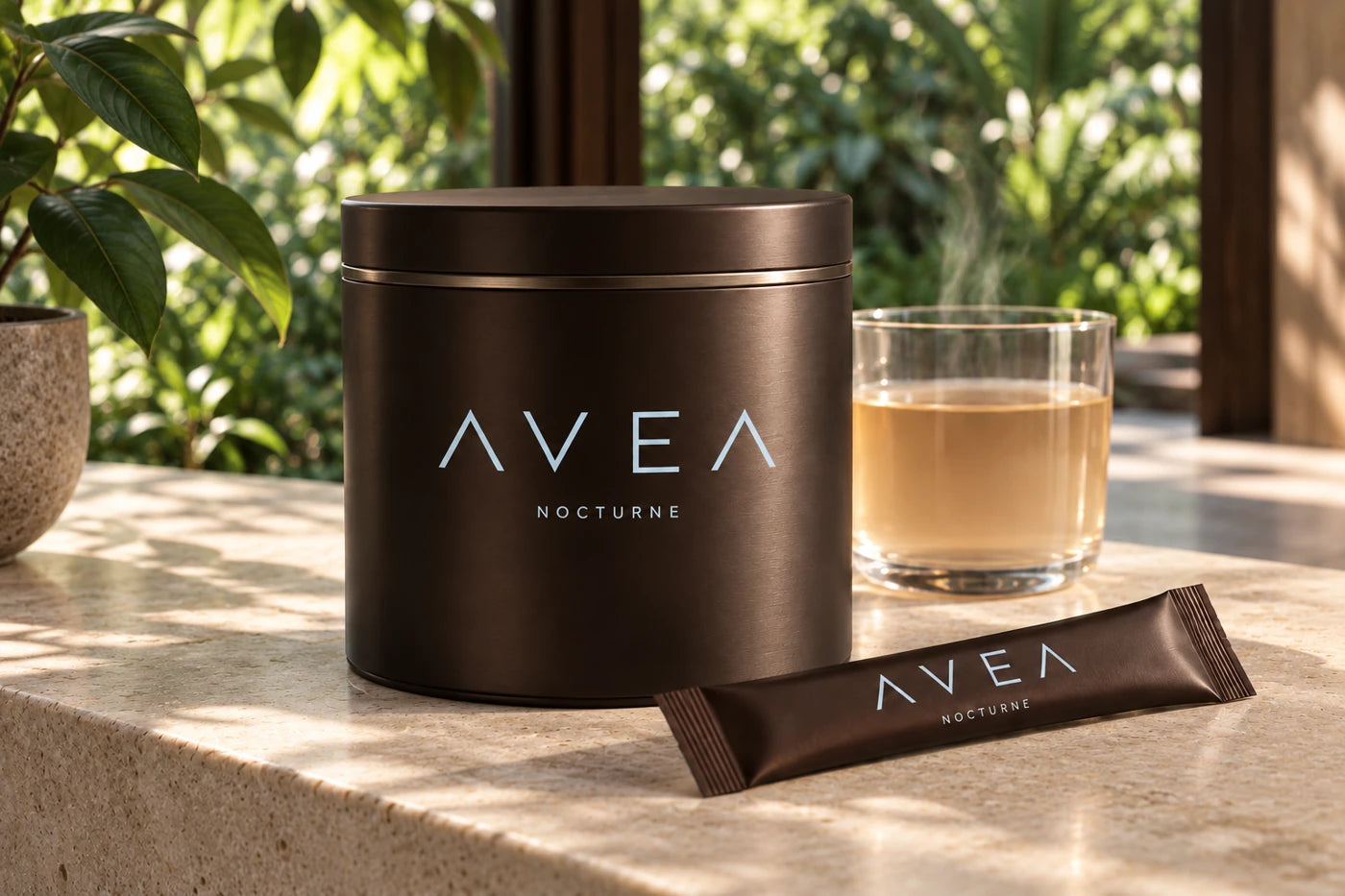 AVEA Nocturne espresso tin and serving stick in botanical daylight