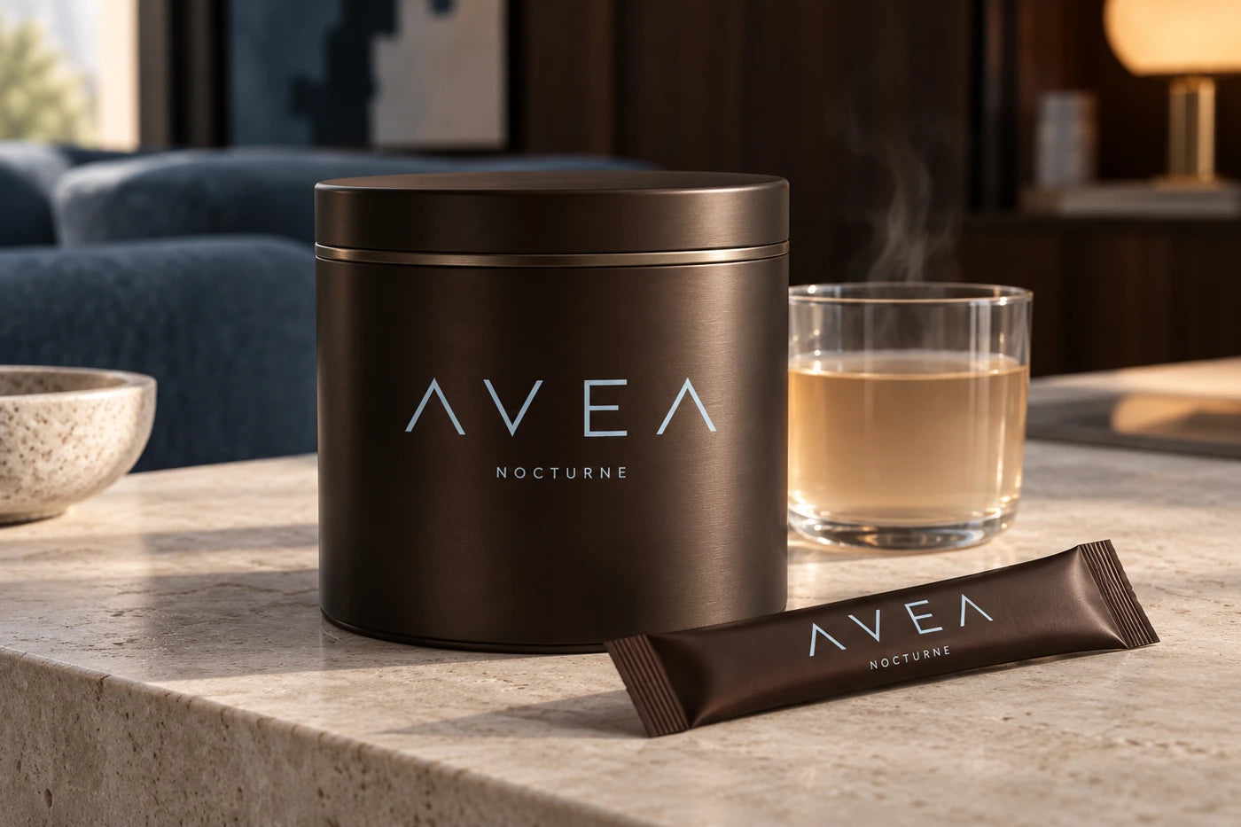 AVEA Nocturne espresso tin and serving stick beside a warm drink